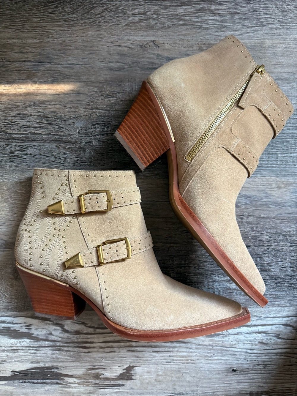 Dolce Vita Beige Suede Studded Ankle Boots with Buckle Detail